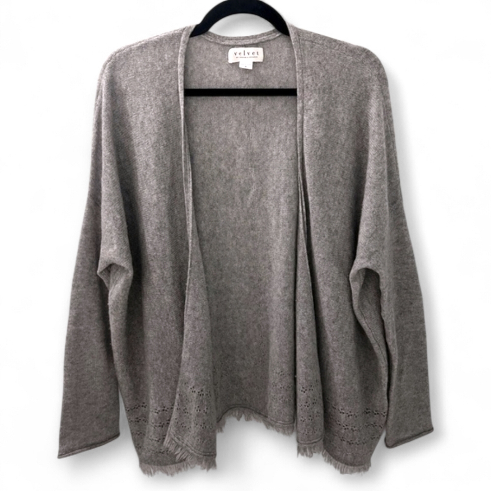 VELVET by GRAHAM & SPENCER Gray Cashmere Lightweight Oversized Eyelet Cardigan